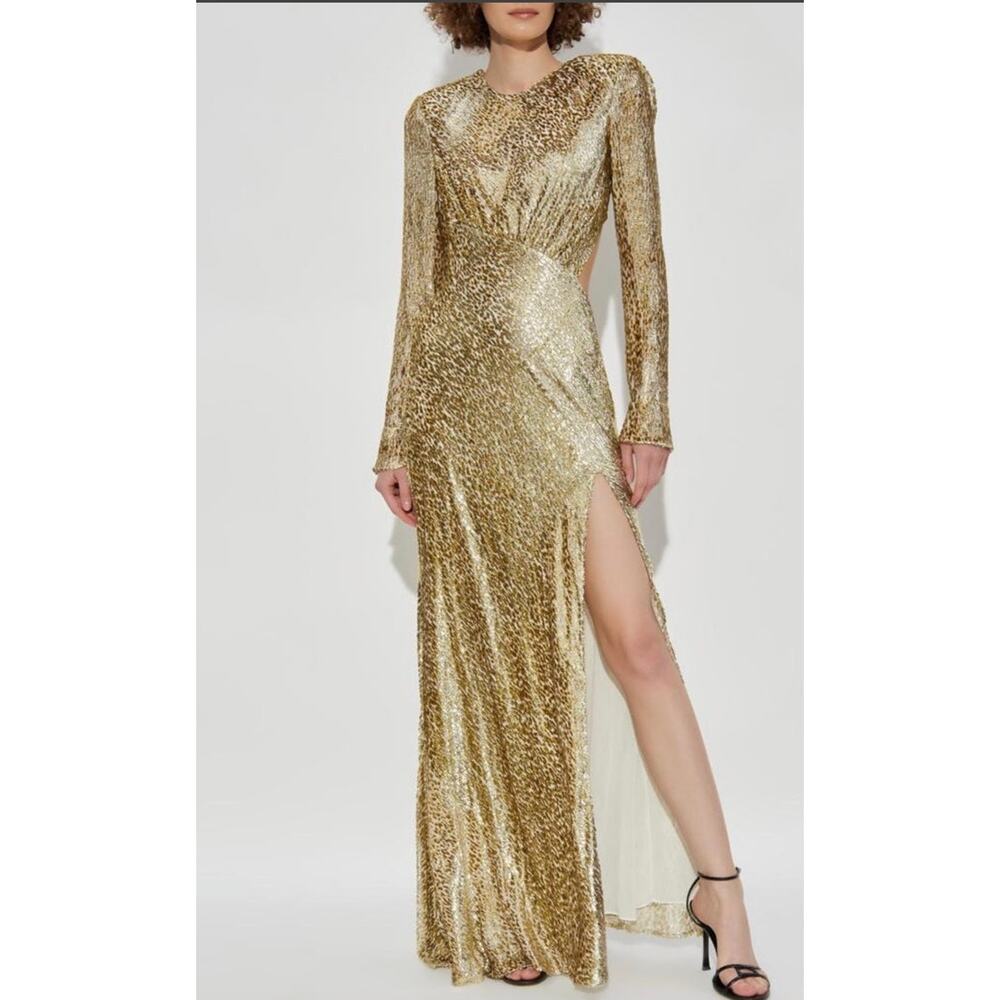 Self Portrait Women's Gold Metallic Maxi Gown Size 6 Open Back Black - Picture 2 of 7